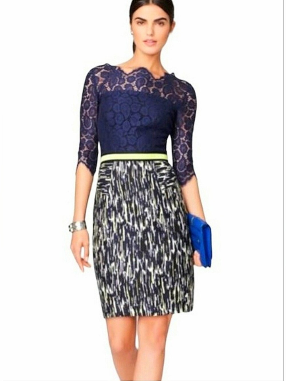 Milly Simone Lace Column Sheath Dress Sz 6 Navy Blue and Citron